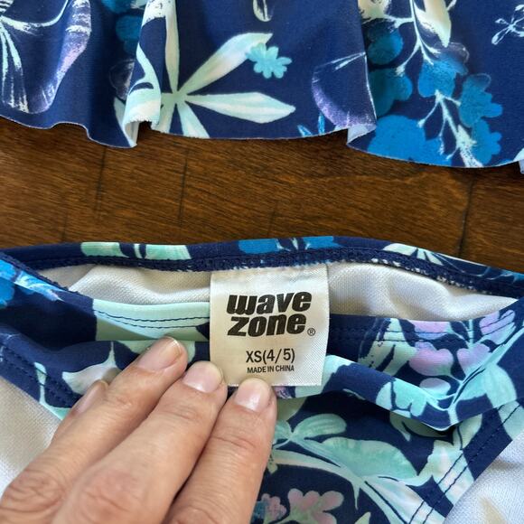 Wave Zone Girls Bikini Swimsuit Size XS 4/5 Blue Green Floral Ruffle - Picture 2 of 4